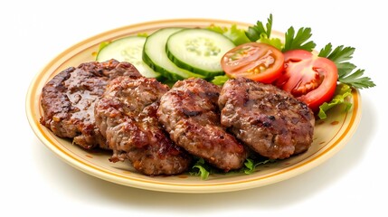 A thinner, larger and round beef and pork cutlets, on a light yellow plate, sliced cucumber and tomato, on plane white background, Generative AI illustrations.
