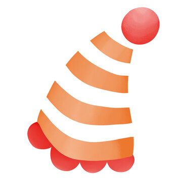 party hat, featuring orange stripes and a round red pom-pom on top in cartoon style draw and water color paint style