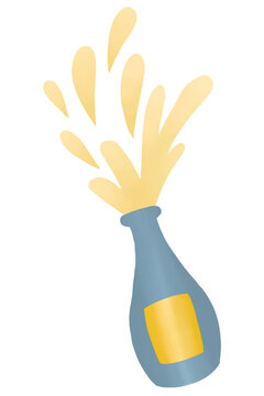 Splash golden champaign from bottle in cartoon style draw and water color paint style