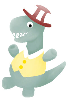 cheerful, cartoonish dinosaur T-rex wearing a yellow vest and a red top hat, exuding a playful and whimsical charm. The style of the picture is playful cartoon art