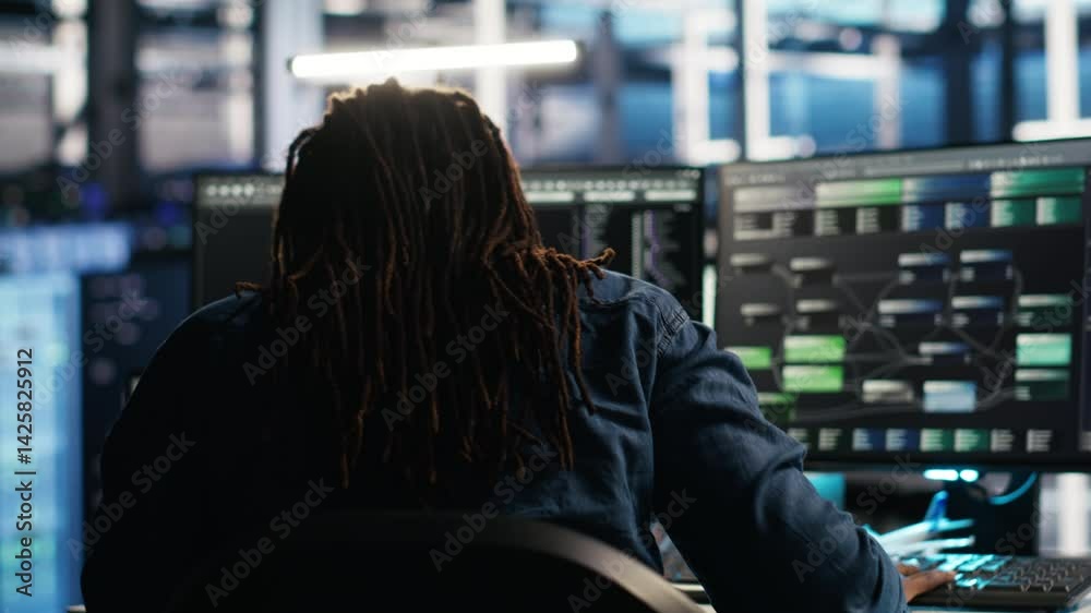Poster irritated data center engineer punching desk, irked by glitches while using algorithms to analyze da