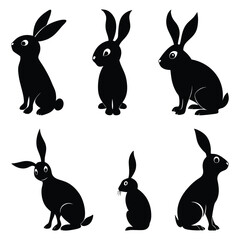 Set of Black Rabbit Silhouettes in Various Poses – Vector Animal Icon Collection art