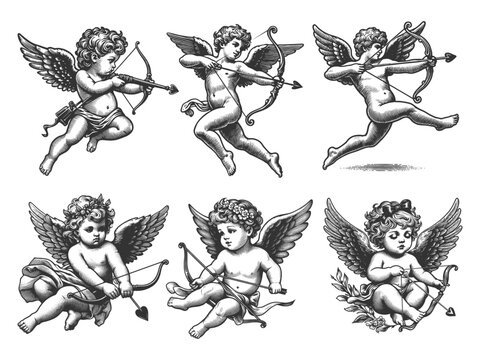cherubs aiming heart-tipped arrows, flying or sitting with bows Set collection bundle sketch engraving generative ai vector illustration. Scratch board imitation. Black and white image.