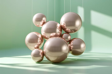 Floating Rose Gold Balls in Light Green Room Stylish Abstract Geometric Background