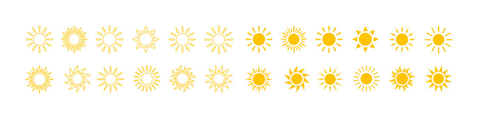 Summer sun icons set. Sun symbol. Line and silhouette style. Vector