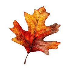 Fototapeta premium Realistic colorful autumn oak leaf isolated on white background fall foliage nature detail vibrant seasonal decoration element Thanksgiving design element botanical illustration PNG transparent image