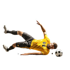 Isolated on white background, football player lying on the ground after a tackle