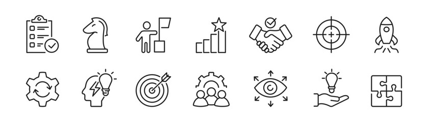 Business concept icons set. Goal, motivation, process, target, creative, strategy. vector line icon.