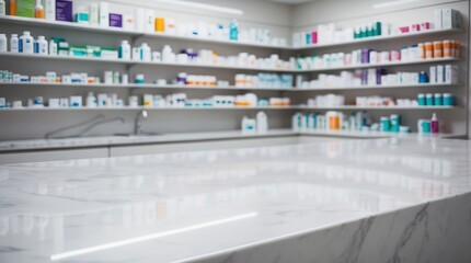 Empty white marble counter top with blur pharmacy drugstore shelves background