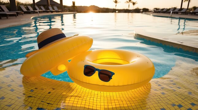 Summer poolside scene featuring yellow inflatable with sunglasses and sunhat floating on vibrant water surface under golden hour light in resort style setup