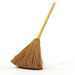 Simple straw broom, angled against a white background.