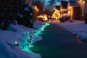 Fototapeta premium A photo of Christmas lights with green and blue light strings on the sidewalk in the front yard.