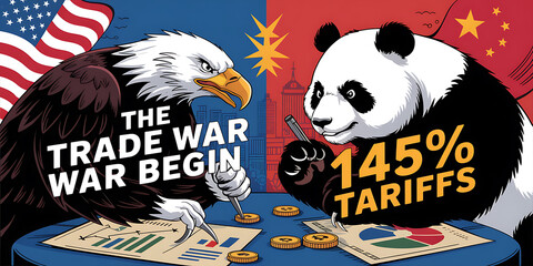 Obraz premium A cartoon depicting a trade dispute between the United States represented by an eagle and China represented by a panda.