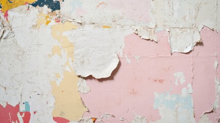 Faded layers of vintage poster reveal an abstract tapestry of pastel colors and aged textures on a weathered wall