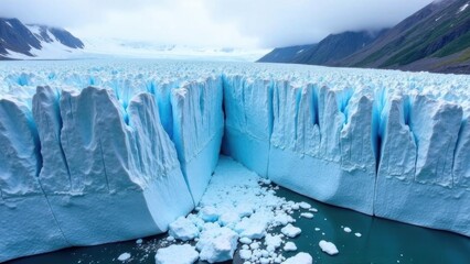 A dramatic view of a glacier breaking apart, with wide cracks and fallen ice blocks scattered