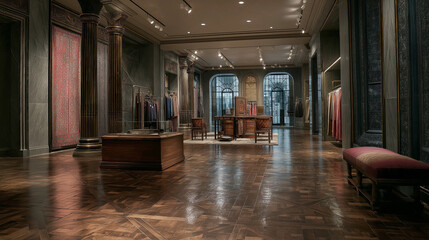 Luxury Boutique Interior Dark Wood Flooring Antique Furniture and Woven Textiles