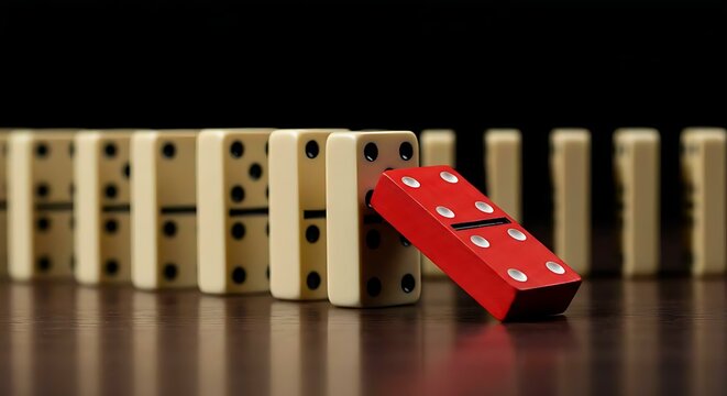 Red domino pushing over other tiles, showing a chain reaction concept, representing an important decision or crucial event that initiates a significant cascade of consequences or changes