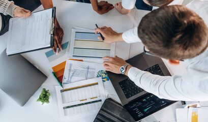 Unity conception. Top view of hands of business people