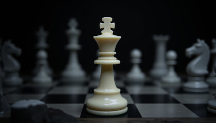 elegant chess piece stands prominently in foreground against dark background, symbolizing strategy and intellect in game of chess. contrasting colors enhance its significance