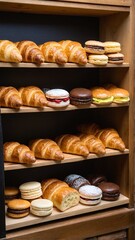 A Tempting Display of Freshly Baked Croissants and Sweet Macarons on Wooden Shelves, Perfect for a Delicious Pastry Indulgence.