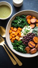 A Vibrant and Nutritious Bowl: Roasted Sweet Potatoes, Kale, Black Beans, and Creamy Dressing for a Delicious and Healthy Meal.
