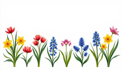 Bright and colorful flowers including tulips, daffodils, and hyacinths create vibrant background that brings joy and freshness to any space. arrangement showcases nature beauty