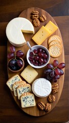 Delectable Cheese Board Display Featuring an Assortment of Cheeses, Fresh Grapes, Crunchy Crackers, and Walnuts for a Gourmet Culinary Experience.