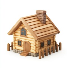 Wooden log cabin model on a white background.