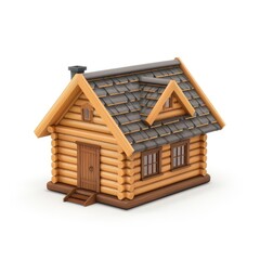 Small, stylized log cabin illustration.