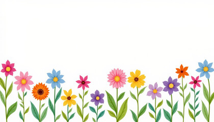 Fototapeta premium Colorful flowers in various shapes and sizes create vibrant background, showcasing delightful array of pink, blue, yellow, and purple blooms that evoke joy and beauty