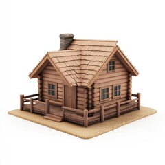 Wooden log cabin model on a sandy base.