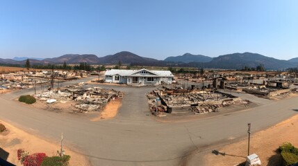 Post-Wildfire Landscape: Charred Remains and Resilient Structure Amidst Mountains