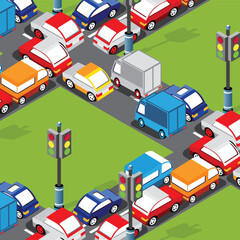 Colorful cars and trucks creating traffic congestion at intersection