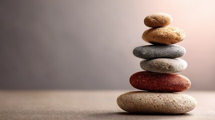 A harmonious stack of smooth stones balanced in a perfect pyramid shape against a tranquil natural backdrop