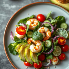 Shrimp and Avocado Salad with Cherry Tomatoes and Baby Spinach