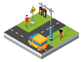 Pedestrians crossing street at crosswalk with traffic light and minibus in isometric view