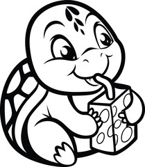 A cute cartoon turtle drinking from a juice box premium quality vector art, A cute cartoon turtle drinking from a juice box silhouette and line art vector illustration design