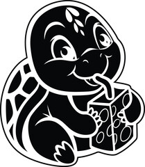 A cute cartoon turtle drinking from a juice box premium quality vector art, A cute cartoon turtle drinking from a juice box silhouette and line art vector illustration design