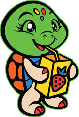 A cute and colorful cartoon turtle drinking from a juice box premium quality vector art, A cute cartoon turtle drinking from a juice box colorful vector illustration design