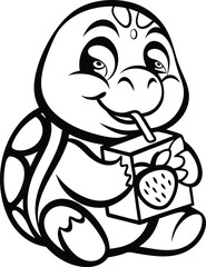A cute cartoon turtle drinking from a juice box premium quality vector art, A cute cartoon turtle drinking from a juice box silhouette and line art vector illustration design