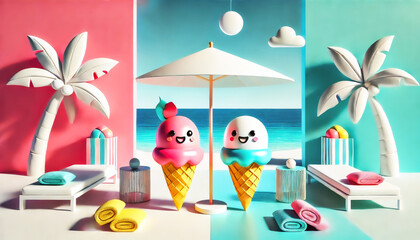 Two cute ice cream characters enjoy a colorful beach scene with palm trees, umbrellas, towels, and ocean views in a playful, pastel, and summery cartoon world.
