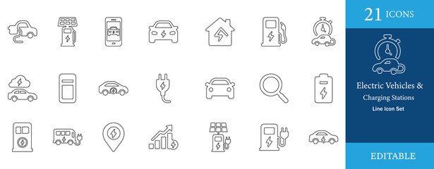 Modern line icon set featuring 21 electric vehicle and charging station elements. Ideal for EV apps, clean energy, green transport, and automotive UI. Fully editable and easy to use in design
