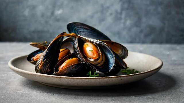 Delicious mussels with tomatoes, garlic, rise, and fresh parsley on the white plate on the table