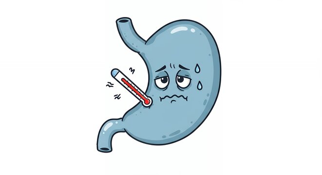 Cartoon stomach depicting illness and fever medical illustration