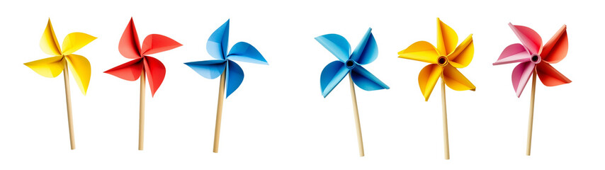 Set of colorful pinwheels, isolated on a transparent background.