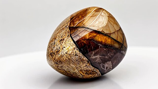 Polished gemstone displaying intricate patterns and natural colors against a clean background