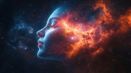 Cosmic profile of a serene woman, with nebulae head and galaxy background