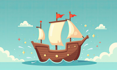 Cartoon Sailing Ship, Adventure at Sea - - Whimsical/Cute Illustrat.