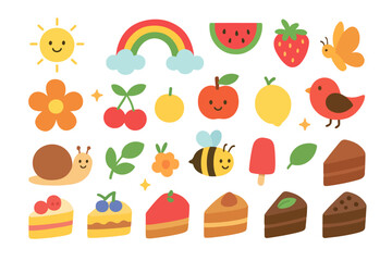 A collection of cute, cartoon-style smiling characters, including a sun, rainbow, watermelon, strawberry, flower, cherries, lemon, butterfly, snail, bee, bird, and popsicle.