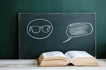 A chalkboard with an open book and glasses on it, with space for text in the shape of a speech bubble drawn on top of them.